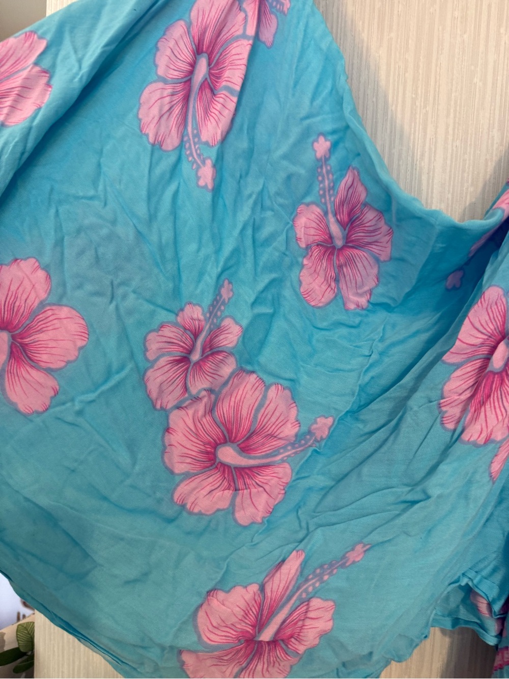 Women’s Floral Swim Coverup - Blue with Pink Hibiscus - Picture 2 of 3